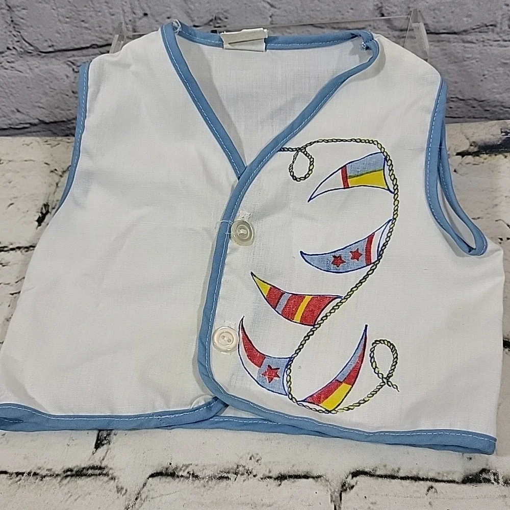 Vintage Baby Clothes 3pc Lot 12mos Button Up Shirt Vest Blue Diaper Cover